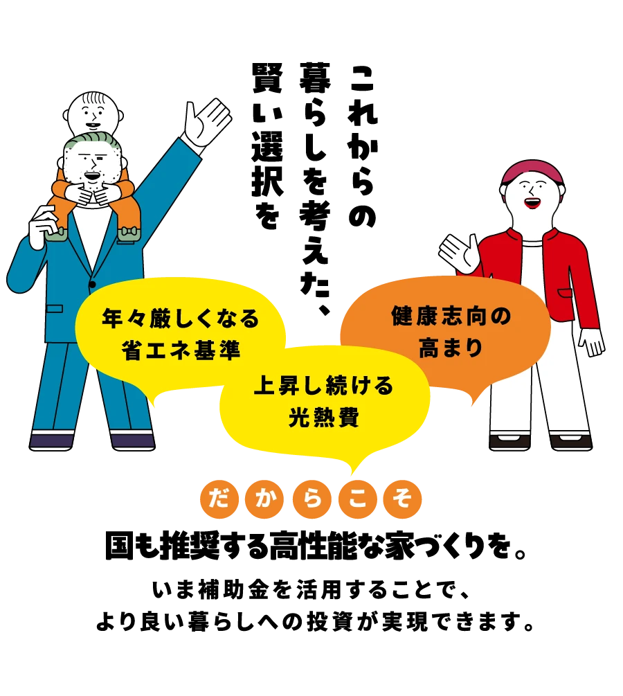 これからの暮らしを考えた、賢い選択を。「年々厳しくなる省エネ基準」「上昇し続ける光熱費」「健康志向の高まり」だからこそ国も推奨する高性能な家づくりを。いま補助金を活用することで、より良い暮らしへの投資が実現できます。